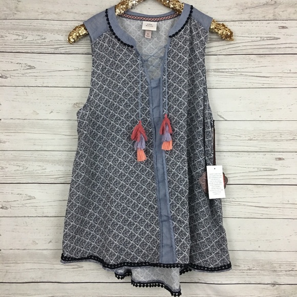 Knox Rose Tops - Knox Rose lace up tassel pom pom chambray tank